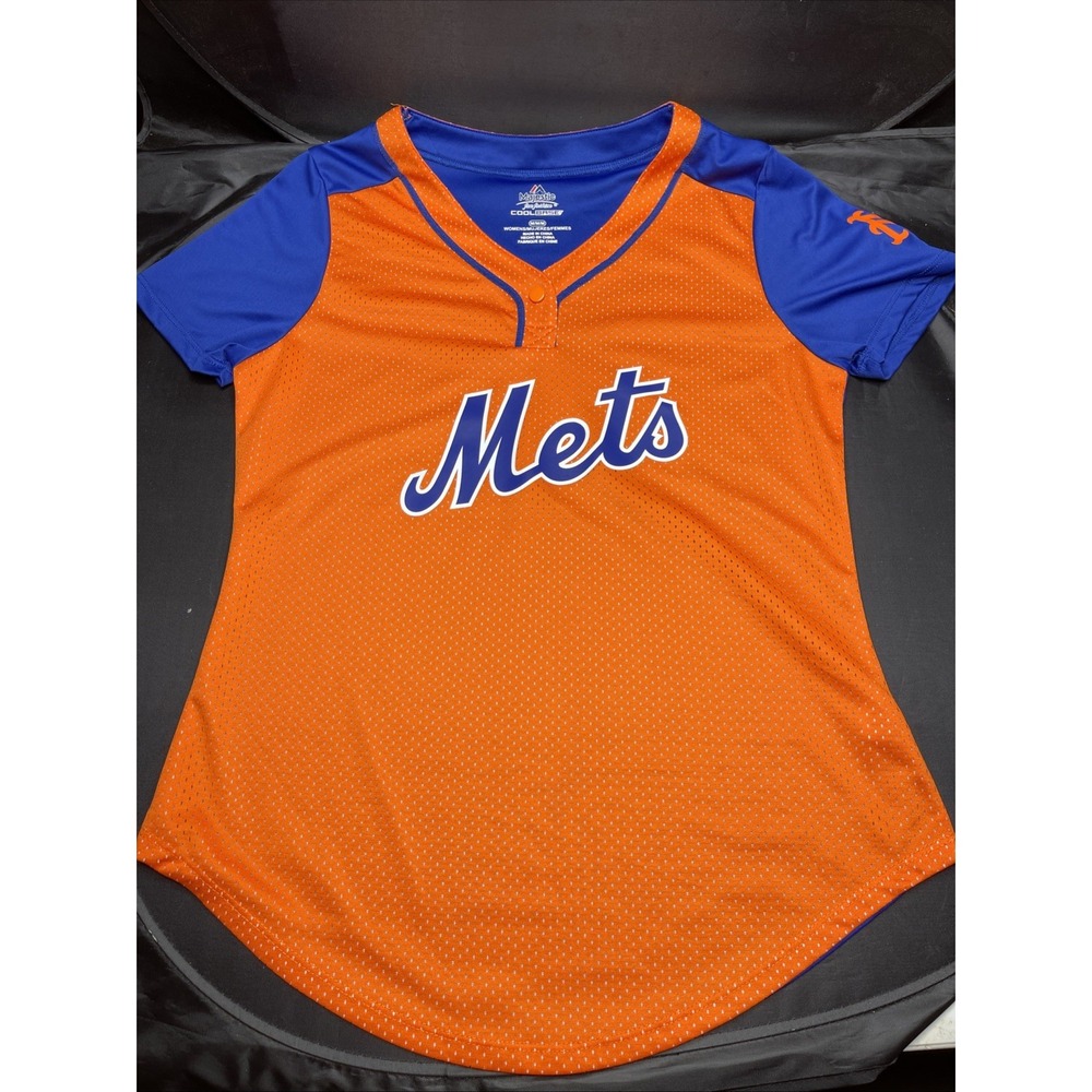 Majestic New York Mets Cool Base Womens Medium Orange Blue Jersey Shirt MLB